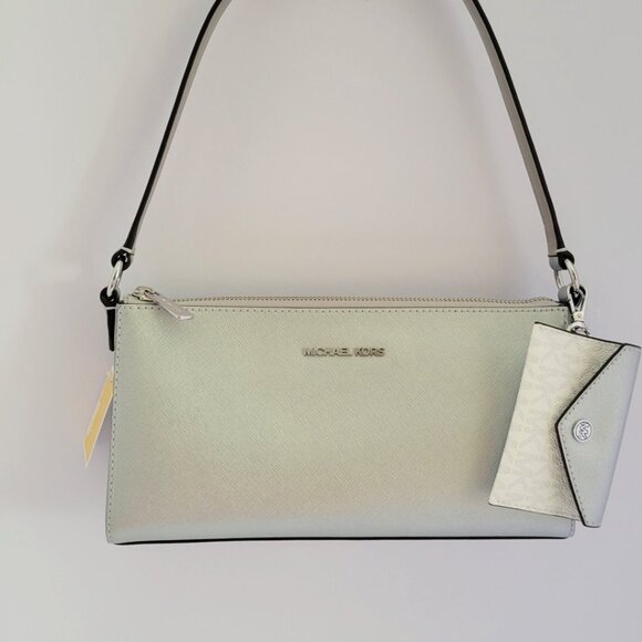 Michael Kors Vincent Medium Pouchette Card Case Silver Shoulder Handbag Metallic - Picture 2 of 7